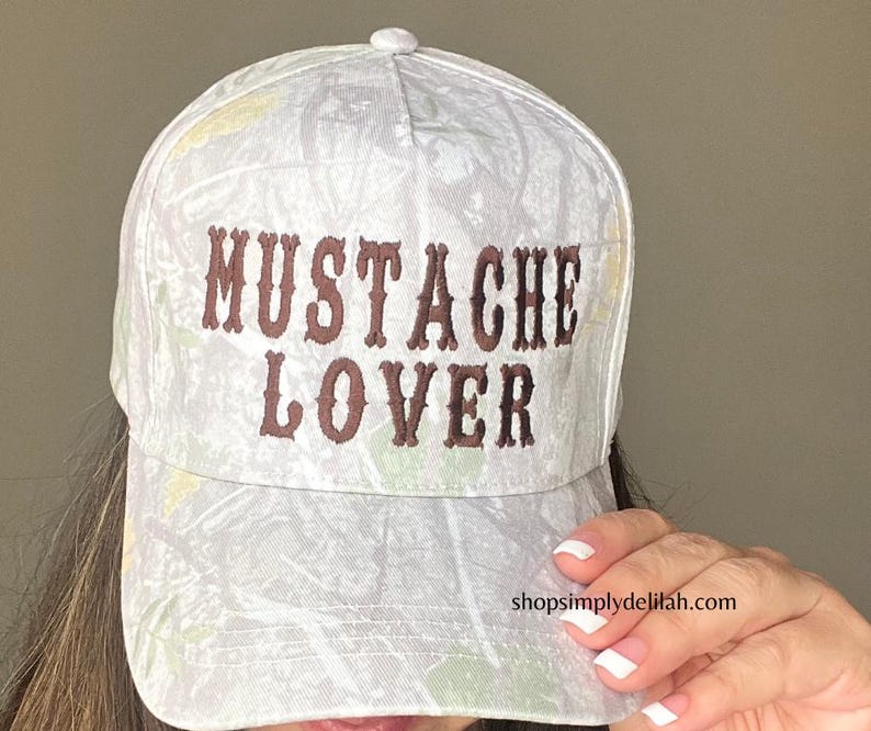 Mustache lover trucker hat, embroidered mustache hat, light camo hat, country style camo brim hat, cute wester trucker hat, camo girl hat imagem 4