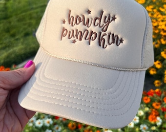 Howdy pumpkin trucker hat, embroidered pumpkin hat, country girl hat for fall, country style foam hat, western trucker hat, gift for cowgirl