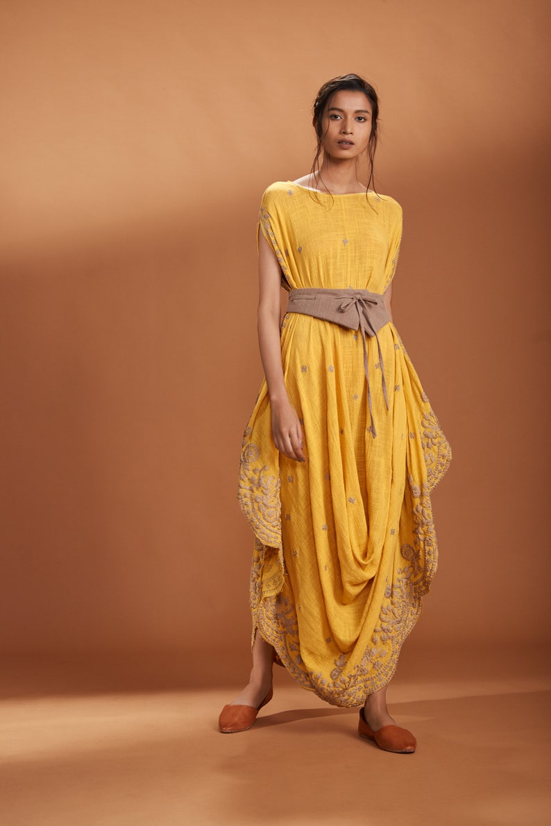 Cowl dress with beltEmbroided dress Long dressDress with beltFull length dressFormal dressFestive wearbeltextended sleeves dress