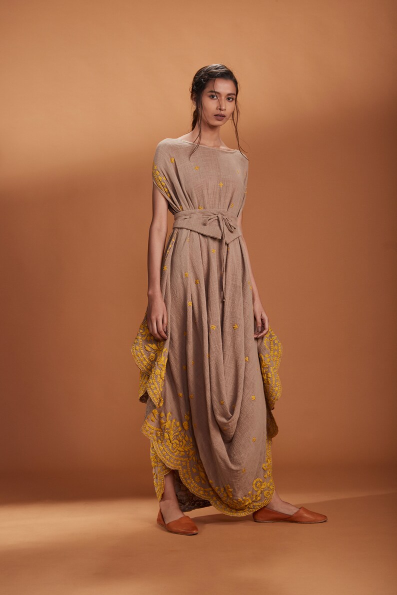 Cowl dress with beltEmbroided dress Long dressDress with beltFull length dressFormal dressFestive wearbeltextended sleeves dress