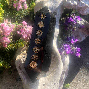1 pc Laser Carved Chakra Symbol Obsidian Double Pointed Wand