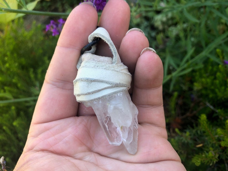 Leather Wrapped Quartz Crystal Necklace