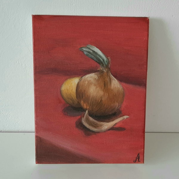 Original Oil Painting:"The Onion on the Red Table" Still life Rustic Style Present Art for Kitchen as Unique Gift for Mom Friend from Prague