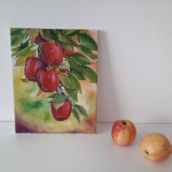 Peinture à l'huile originale « Juicy Apples » Styll life Apple Style rustique présente de l'art pour la cuisine comme cadeau unique pour une amie maman de Prague