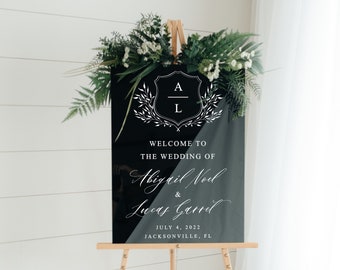 Acrylic Wedding Welcome Sign with Floral Crest, Modern Decor, Clear, Frosted, Opaque, Painted Back, Custom, Script, Hand Lettered - ANEMONE