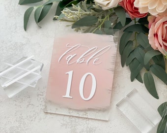 Acrylic Table Numbers, 5"X7" with Acrylic Stands, Seating Arrangement, Modern Decor, Clear, Frosted, Painted Back, Custom, Script- Anemone