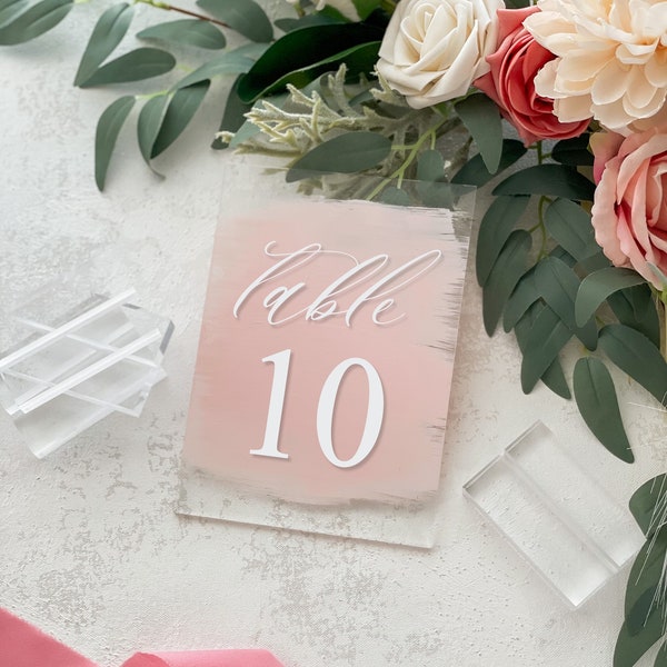 Acrylic Table Numbers, 5"X7" with Acrylic Stands, Seating Arrangement, Modern Decor, Clear, Frosted, Painted Back, Custom, Script- Anemone