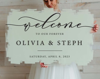 Acrylic Wedding Welcome Sign, Bride and Groom, Modern Decor, Clear, Frosted, Opaque, Painted Back, Custom, Script, Hand Lettered - CLEMATIS