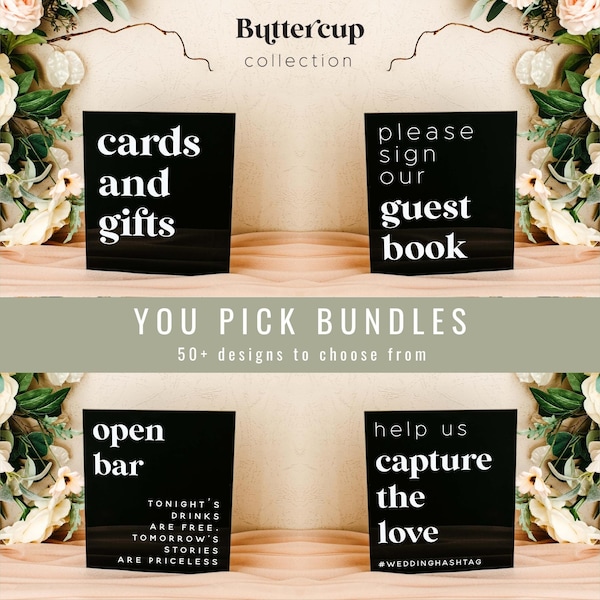 8x10 Sign Bundle | Guestbook, Cards, Gifts, Bar Menu, Hashtag, Memory, Favors & more - All in One Modern Acrylic Set, You Pick - BUTTERCUP