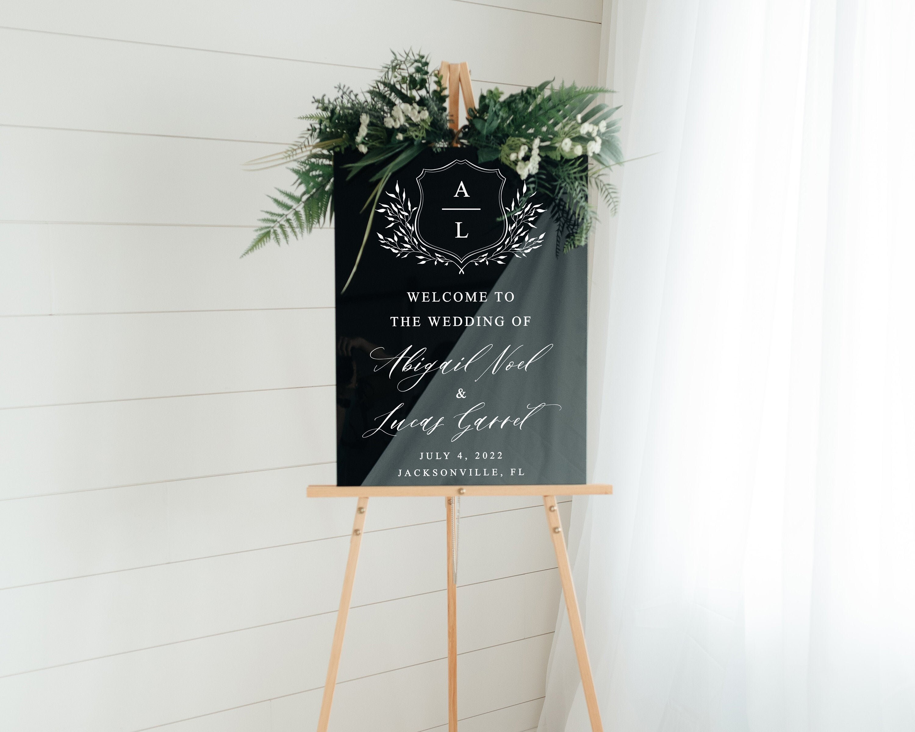 Acrylic Wedding Welcome Sign with Floral Crest, Modern Decor, Clear, Frosted, Opaque, Painted Back, Custom, Script, Hand Lettered - ANEMONE