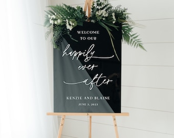 Acrylic Wedding Welcome Sign, Happily Ever After, Bride and Groom, Modern Decor, Clear, Frosted, Opaque, Painted , Custom, Script- SUNFLOWER
