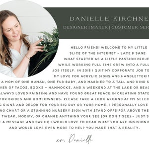 Pu&ograve; includere: Immagine promozionale con Danielle Kirchner, designer, creatrice e responsabile del servizio clienti. L'immagine include testo che d&agrave; il benvenuto ai visitatori del suo negozio online, Lace & Sage, e descrive la sua passione per la creazione di insegne e decorazioni in acrilico.