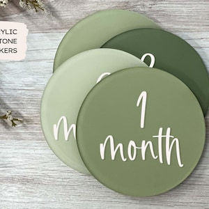 4" Monthly Milestone Markers  | Name Plate, Hello World, Bump Update - Acrylic Discs Baby Moss Green Ombre, Baby's First Year, Newborn Gift