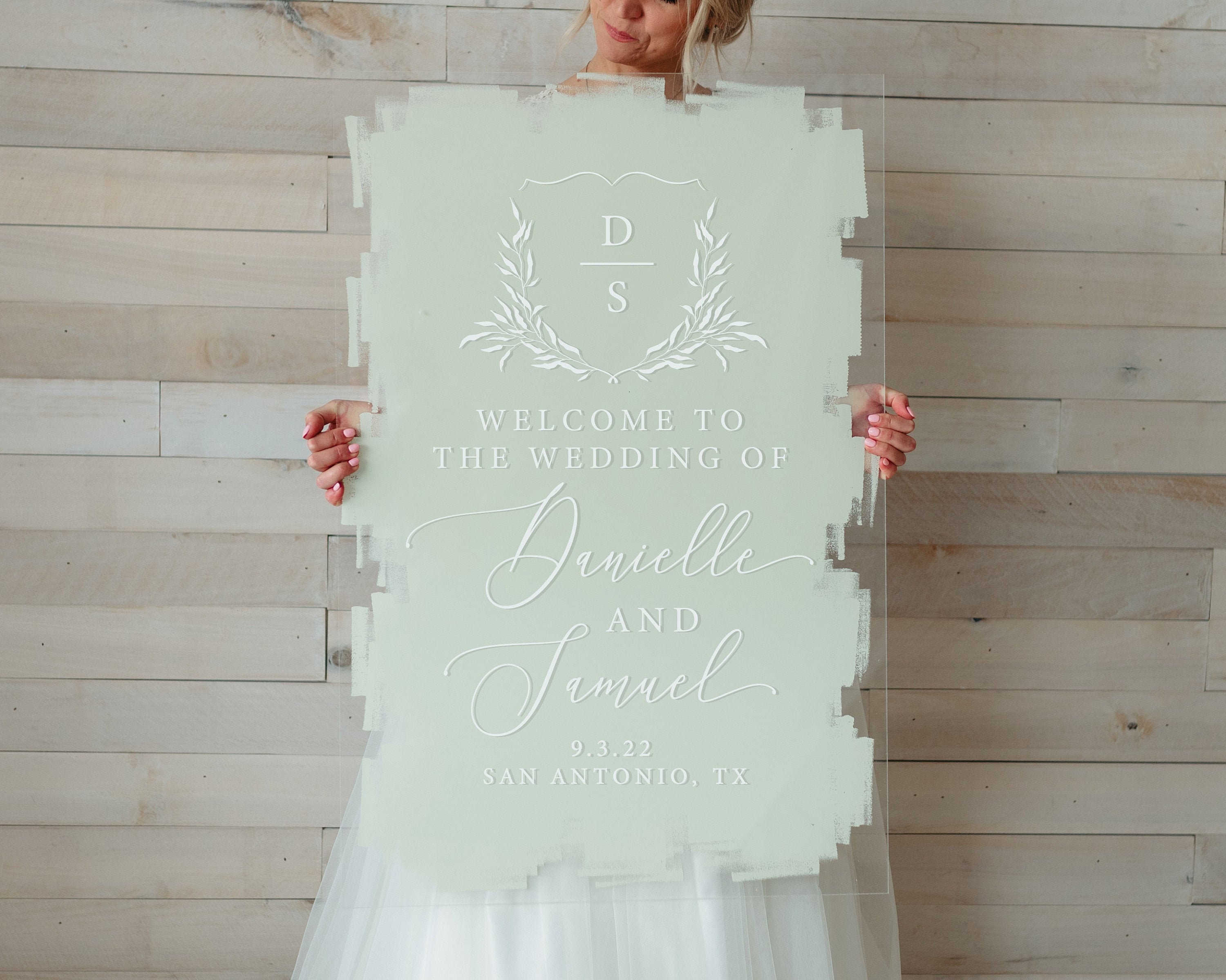Acrylic Wedding Welcome Sign with Floral Crest, Modern Decor, Clear, Frosted, Opaque, Painted Back, Custom, Script, Hand Lettered - DAISY