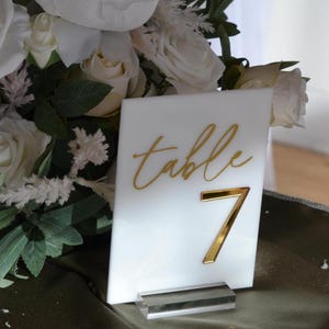 Pu&ograve; includere: Un segnaposto bianco con scritte dorate e il numero 7. Il segnaposto &egrave; esposto in un supporto in acrilico trasparente. Lo sfondo comprende fiori bianchi e verde, suggerendo un tema di matrimonio o evento.