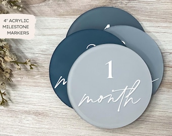 4" Monthly Milestone Markers  | Name Plate, Hello World, Bump Update - Acrylic Discs Baby Boy Blue Ombre, Baby's First Year, Shower Gift