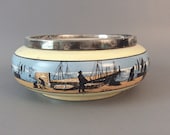 Antique 8 quot Transferware Platter Bowl Fishing Scene Nautical Cabin Silver Plated Ceramic England