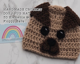 HANDMADE Crochet Pug Dog Baby Hat  | Puppy | Crochet | 3 Sizes Available | Made To Order | Photoshoot Prop | Baby Shower