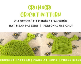 Crochet Pattern -  Bestselling Ogre Hat  | Beginner - Intermediate | 3 sizes | Make @ Home | Hat & Ears | Swamp Ogre Hat