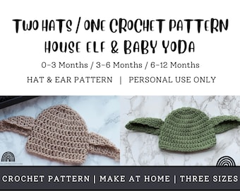 Crochet Pattern -  Bestselling Grogu /  Elf Hat  | Beginner - Intermediate | 3 sizes | Make @ Home | Hat & Ears | 1 Pattern - 2 Colours