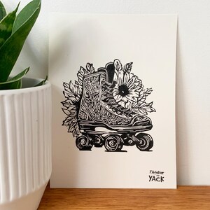 Linograbado hecho a mano tamaño A4 “Roller Power” - Tarjeta - Póster en linóleo - Ilustración de Roller Skate Derby