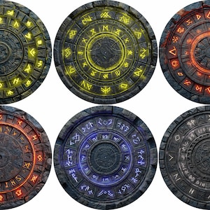 Puede incluir: Seis discos circulares de aspecto pétreo dispuestos en dos filas. Cada disco presenta una superficie oscura y texturizada con anillos concéntricos y símbolos grabados. Cuatro discos muestran runas brillantes en amarillo, naranja o azul.