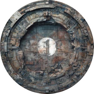 Op de afbeelding: Cirkelvormig kunstwerk met een industrieel thema en een verweerde, metalen uitstraling. Het ontwerp heeft een centrale witte cirkel met het nummer "1" in het midden. Het kunstwerk heeft een verweerde, verouderde uitstraling met tinten grijs, bruin en roest.