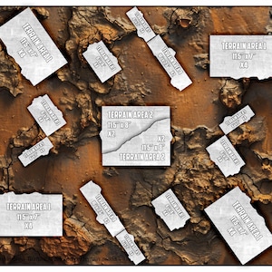 May include: An overhead shot of various white rectangular and irregular-shaped cards with the text "TERRAIN AREA" and measurements in inches. The cards are scattered on a textured brown surface, possibly representing a game board or terrain.