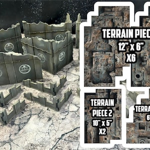 以下が含まれることがあります： 6つの30.5cm×15.2cmの地形パーツ、2つの25.4cm×12.7cmの地形パーツ、4つの15.2cm×10.2cmの地形パーツのセットです。パーツはテクスチャ加工された素材でできており、風化した工業的な外観をしています。パーツには「Terrain Piece 1」、「Terrain Piece 2」、「Terrain Piece 3」のラベルが付けられています。