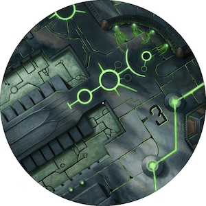 May include: A close-up of a circular, metallic, textured surface with a green circuit board design. The circuit board has glowing green lines and circles. The number "3" is visible on the surface.