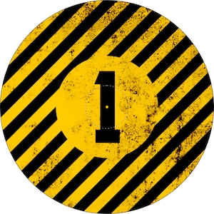 May include: A yellow and black striped circle with a large black number "1" in the center. The circle has a distressed, worn look.