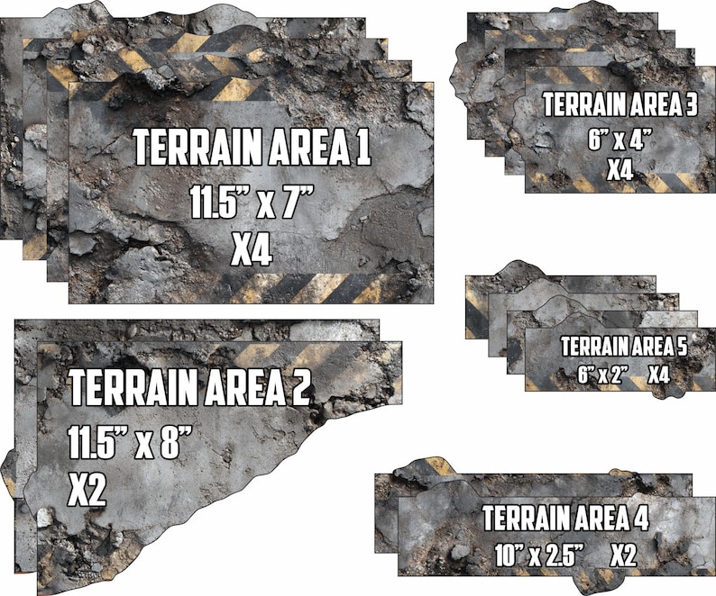 K&ouml;nnte beinhalten: Eine Sammlung rechteckiger Gel&auml;ndest&uuml;cke mit grauer Betontextur und schwarz-gelben Warnstreifen. Das Set enth&auml;lt vier 29,21 cm x 17,78 cm gro&szlig;e Teile, zwei 29,21 cm x 20,32 cm gro&szlig;e Teile, vier 15,24 cm x 10,16 cm gro&szlig;e Teile, vier 15,24 cm x 5,08 cm gro&szlig;e Teile und zwei 25,4 cm x 6,35 cm gro&szlig;e Teile.