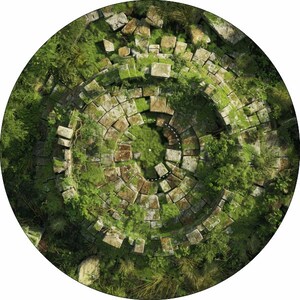Op de afbeelding: Een luchtfoto van een cirkelvormige stenen structuur die begroeid is met groene planten en mos. De stenen zijn in concentrische cirkels gerangschikt, waardoor een patroon van concentrische ringen ontstaat.
