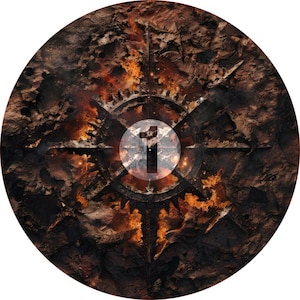 Puede incluir: Diseño circular con un fondo texturizado marrón oscuro y naranja. Un elemento central en forma de engranaje está rodeado de puntas en forma de estrella. El número "1" está superpuesto en un círculo transparente.