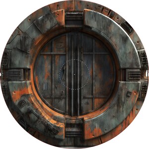 Op de afbeelding: Een grote, ronde, roestige metalen deur met een cirkelvormig frame. De deur is gemaakt van twee panelen met een verticale naad in het midden. De deur is omgeven door een cirkelvormig frame met een reeks klinknagels en bouten.