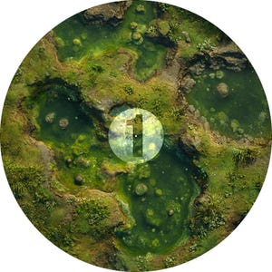 Op de afbeelding: Cirkelvormige afbeelding van een groen landschap met water en vegetatie. De afbeelding heeft een bovenaanzicht, met een witte cirkel met het nummer "1" in het midden. Het landschap lijkt een moeras of wetland te zijn.