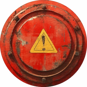 May include: A round, red metal cover with a yellow warning sign. The sign has an exclamation point inside a triangle.