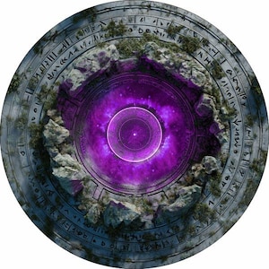 Könnte beinhalten: Kreisförmige Steinstruktur mit einem zentralen violetten Wirbel. Der äußere Ring weist eingravierte Symbole auf, mit Felsformationen und grünen Moosflecken um die zentrale Öffnung. Der Wirbel leuchtet mit einem hellen, ätherischen Licht.
