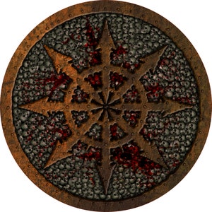 Op de afbeelding: Een rond, roestig metalen schild met een vijfpuntige stervorm. De ster is gevuld met een patroon van schedels en bloedspatten.