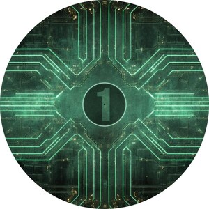 Op de afbeelding: Cirkelvormig ontwerp met een printplaatpatroon in groen- en tinten. Het nummer "1" staat in het midden van een zwarte cirkel. De afbeelding roept thema's van technologie en digitale systemen op.