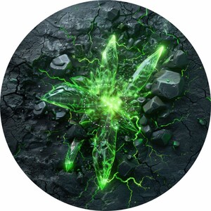 Puede incluir: Un fragmento de cristal verde brillante incrustado en una superficie oscura y agrietada. El cristal está rodeado de rocas más pequeñas y tiene un brillo verde brillante, casi eléctrico.