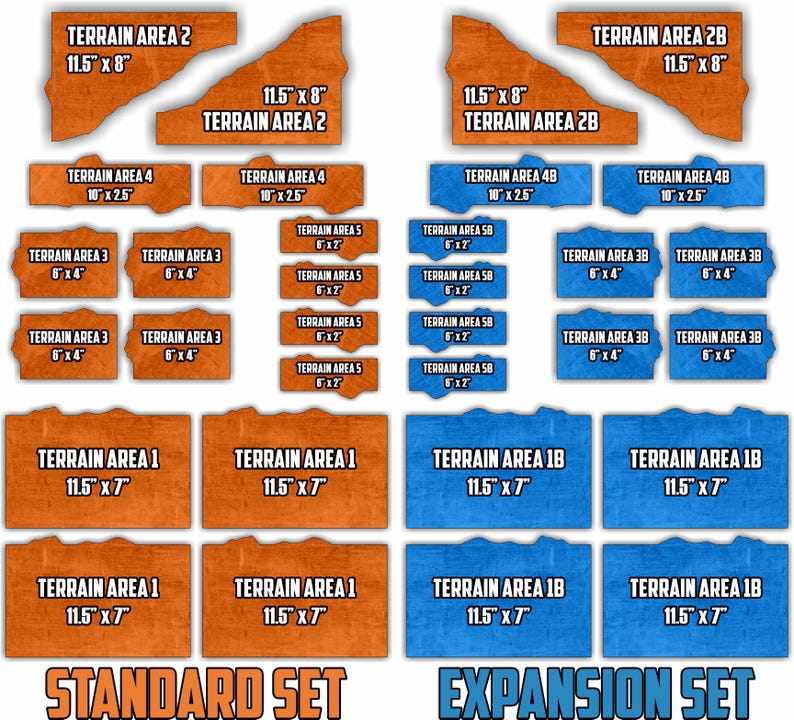 K&ouml;nnte beinhalten: Eine Sammlung von orangefarbenen und blauen Gel&auml;ndeteilen f&uuml;r Tabletop-Spiele. Die orangefarbenen Teile sind als Standard Set und die blauen als Expansion Set gekennzeichnet. Jedes Teil enth&auml;lt Text zur Identifizierung des Gel&auml;ndes und Ma&szlig;e in Zoll.