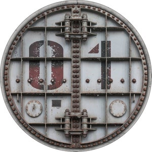 Op de afbeelding: Een ronde metalen deur met een kettinglinkontwerp en de nummers "01" in rood op een witte achtergrond.
