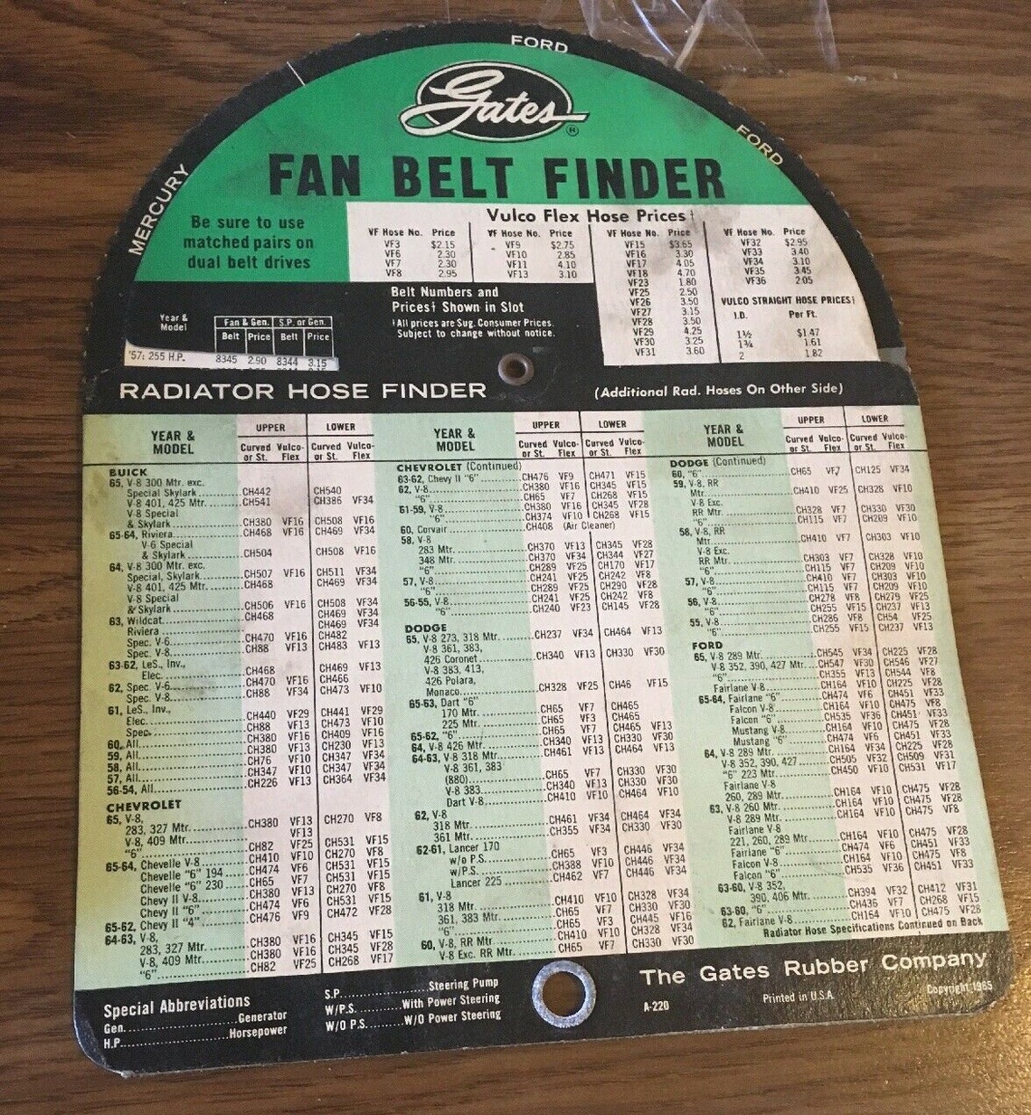 1965 Gates Fan Belt / Radiator Hose Finder Parts Wheel Chart Etsy