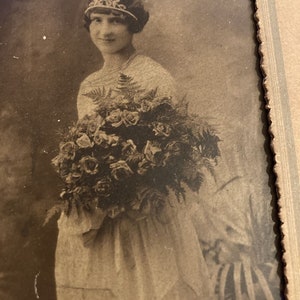 Antique Photo Woman in Tiara with Bouquet of flowers 4-1/2" x 3" in Cardboard