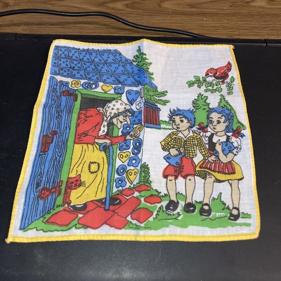 Vintage Cotton Handkerchief, Hansel and Gretel 8"… - image 1