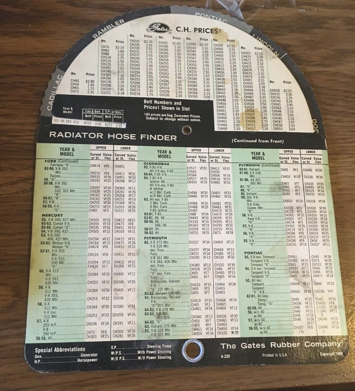 1965 Gates Fan Belt / Radiator Hose Finder Parts Wheel Chart Etsy