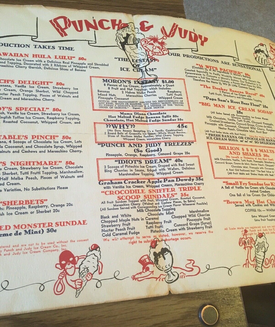 1940s Punch & Judy Ice Cream Parlors Menu whizin Moron's Etsy