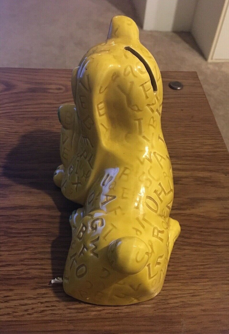 Yellow wGreen Alphabet Dog Made in Japan Vintage Vintage Ceramic Coin Bank