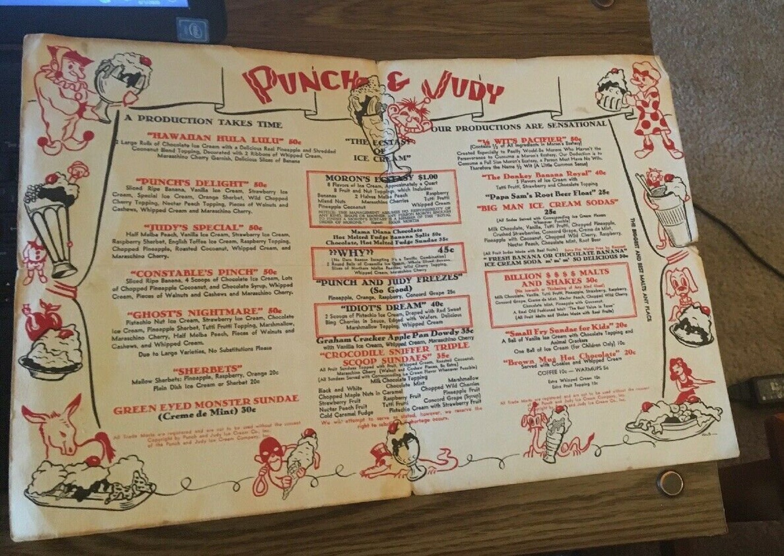 1940s Punch & Judy Ice Cream Parlors Menu whizin Moron's Etsy